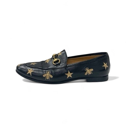 Gucci Loafer Leather Shoes Leather Black Gold Horsebit Star Bee Embroidery Flat