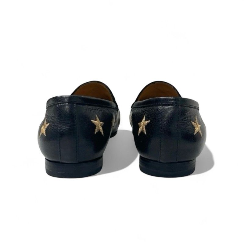 Gucci Loafer Leather Shoes Leather Black Gold Horsebit Star Bee Embroidery Flat