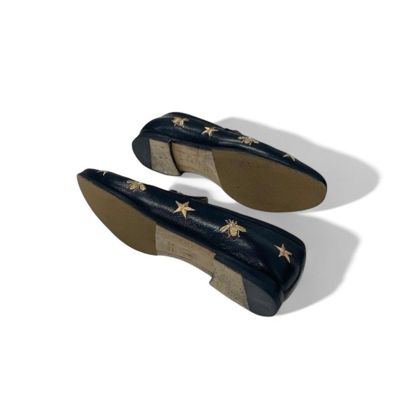 Gucci Loafer Leather Shoes Leather Black Gold Horsebit Star Bee Embroidery Flat