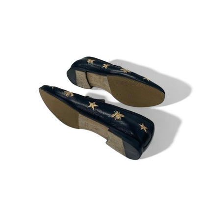 Gucci Loafer Leather Shoes Leather Black Gold Horsebit Star Bee Embroidery Flat