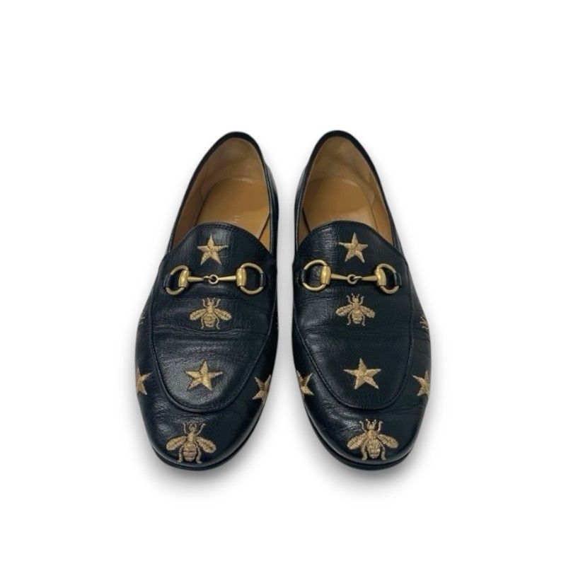 Gucci Loafer Leather Shoes Leather Black Gold Horsebit Star Bee Embroidery Flat