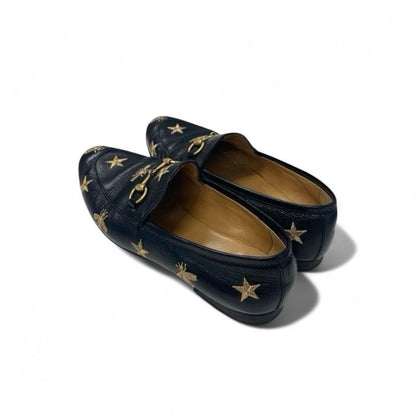 Gucci Loafer Leather Shoes Leather Black Gold Horsebit Star Bee Embroidery Flat