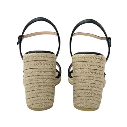 Gucci Double G Sandals Shoes Leather Black Gold Wedge Sole Ggmarmont Strap