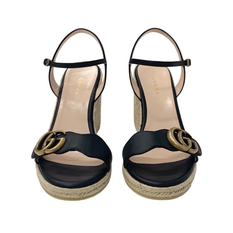 Gucci Double G Sandals Shoes Leather Black Gold Wedge Sole Ggmarmont Strap