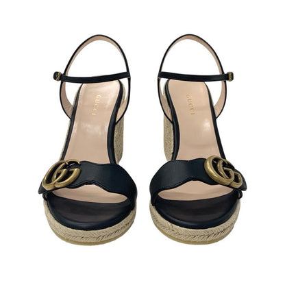 Gucci Double G Sandals Shoes Leather Black Gold Wedge Sole Ggmarmont Strap