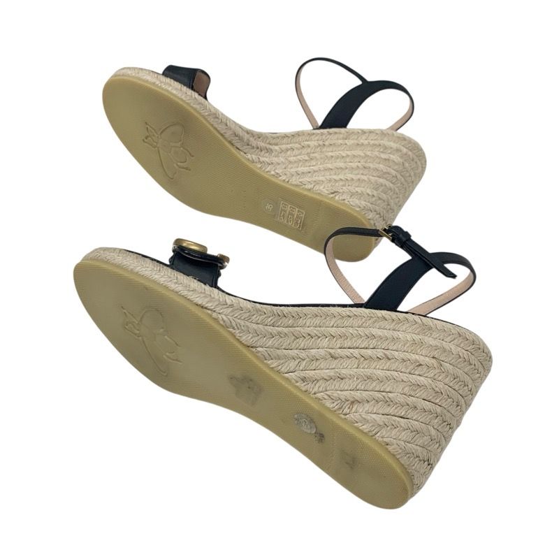 Gucci Double G Sandals Shoes Leather Black Gold Wedge Sole Ggmarmont Strap