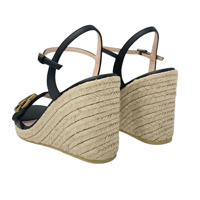 Gucci Double G Sandals Shoes Leather Black Gold Wedge Sole Ggmarmont Strap