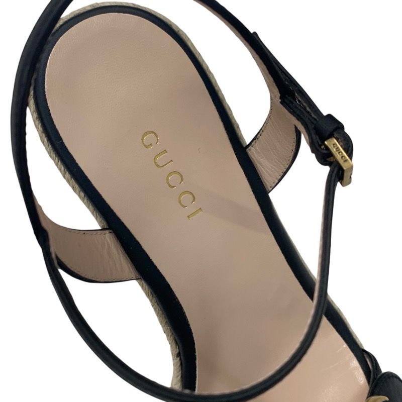 Gucci Double G Sandals Shoes Leather Black Gold Wedge Sole Ggmarmont Strap
