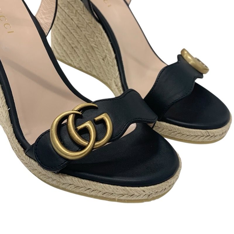 Gucci Double G Sandals Shoes Leather Black Gold Wedge Sole Ggmarmont Strap