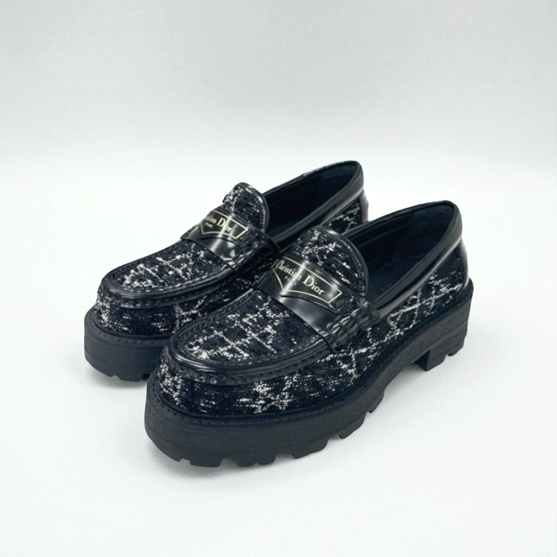Christian DIOR Boy Loafer Leather Shoes Fabric Leather Black White Black
