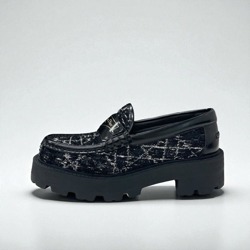 Christian DIOR Boy Loafer Leather Shoes Fabric Leather Black White Black