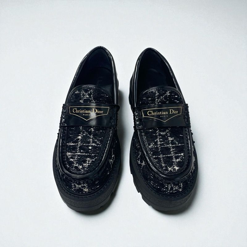 Christian DIOR Boy Loafer Leather Shoes Fabric Leather Black White Black