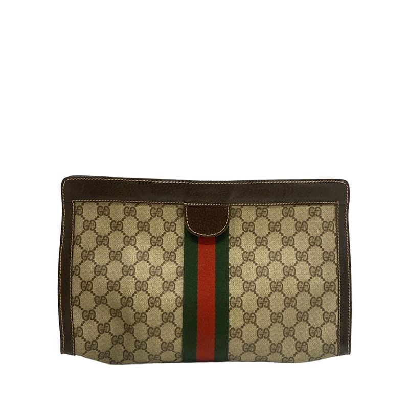 Gucci Parfums Clutch Bag GG Pattern Sherry Dark Brown Ivory And Multi Leather