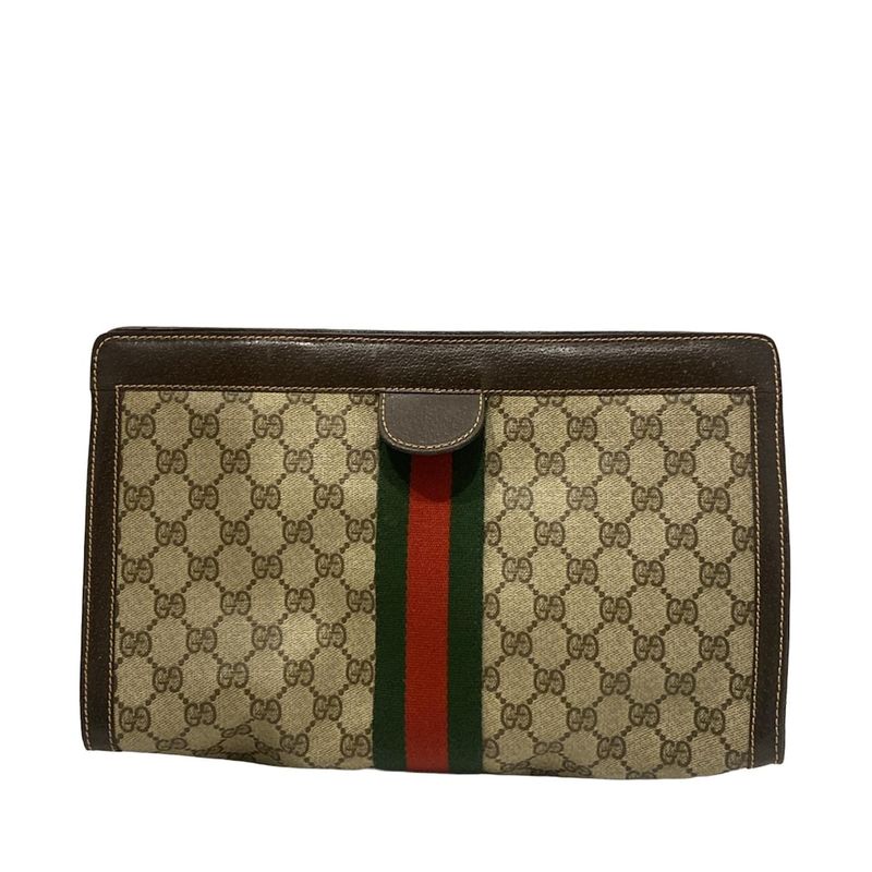 Gucci Parfums Clutch Bag GG Pattern Sherry Dark Brown Ivory And Multi Leather
