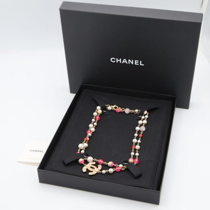 Chanel Necklace A24 Coco Mark Faux Pearl Color Stone Pink Accessory Box