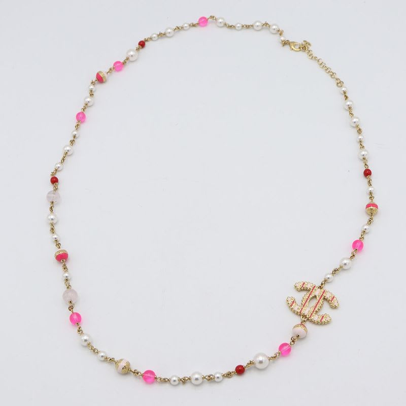 Chanel Necklace A24 Coco Mark Faux Pearl Color Stone Pink Accessory Box