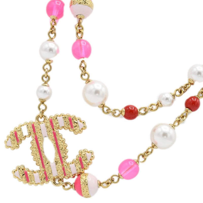 Chanel Necklace A24 Coco Mark Faux Pearl Color Stone Pink Accessory Box