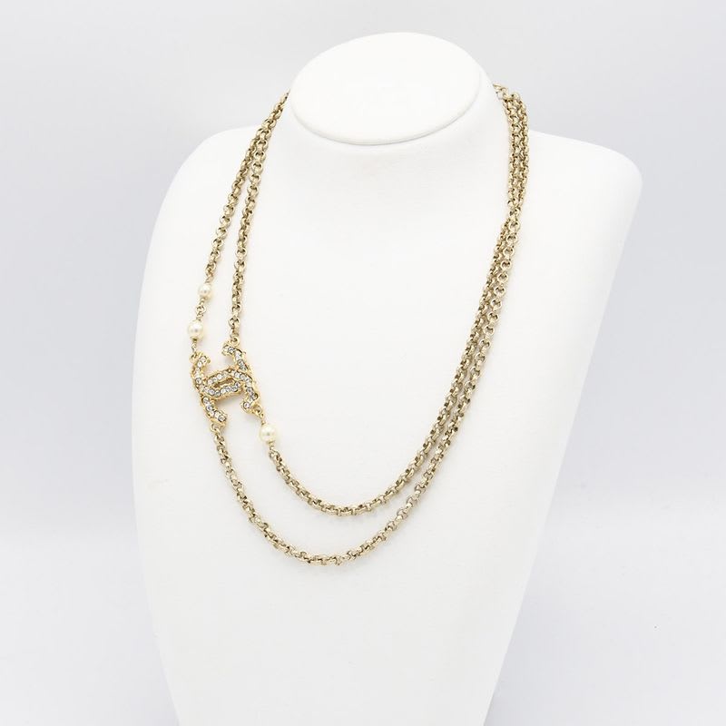 Chanel Double Necklace C20 Coco Mark Faux Pearl Rhinestone Women's Accessory