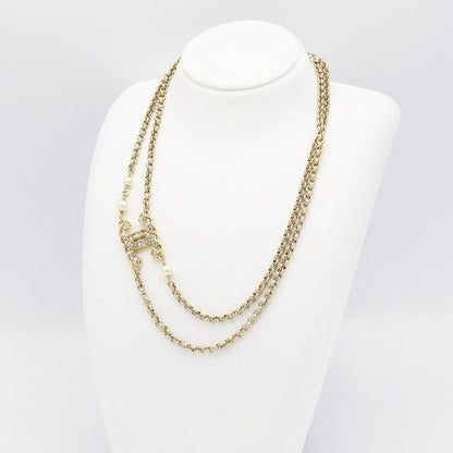 Chanel Double Necklace C20 Coco Mark Faux Pearl Rhinestone Women's Accessory