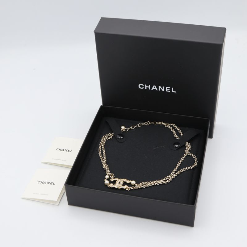 Chanel Double Necklace C20 Coco Mark Faux Pearl Rhinestone Women's Accessory