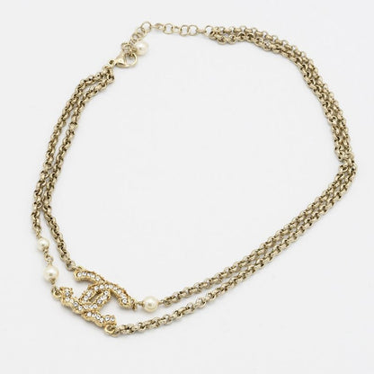 Chanel Double Necklace C20 Coco Mark Faux Pearl Rhinestone Women's Accessory