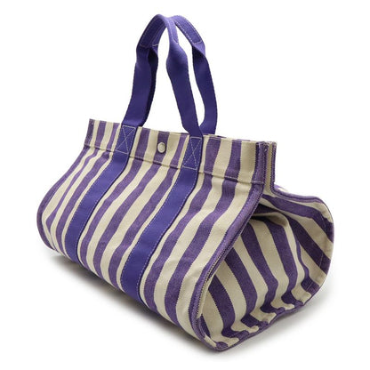 Hermes Cannes MM Tote Handbag Striped Canvas Purple Ivory With Pouch