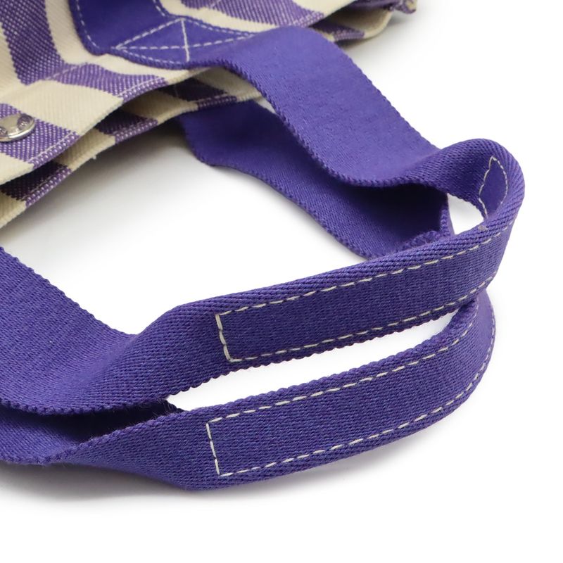 Hermes Cannes MM Tote Handbag Striped Canvas Purple Ivory With Pouch