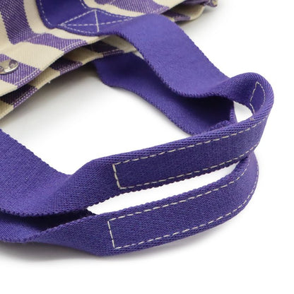 Hermes Cannes MM Tote Handbag Striped Canvas Purple Ivory With Pouch