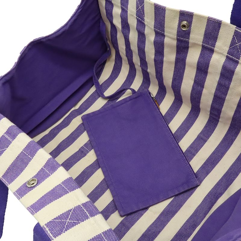 Hermes Cannes MM Tote Handbag Striped Canvas Purple Ivory With Pouch