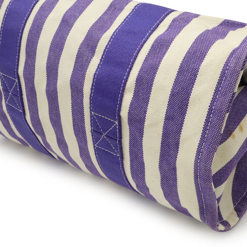 Hermes Cannes MM Tote Handbag Striped Canvas Purple Ivory With Pouch