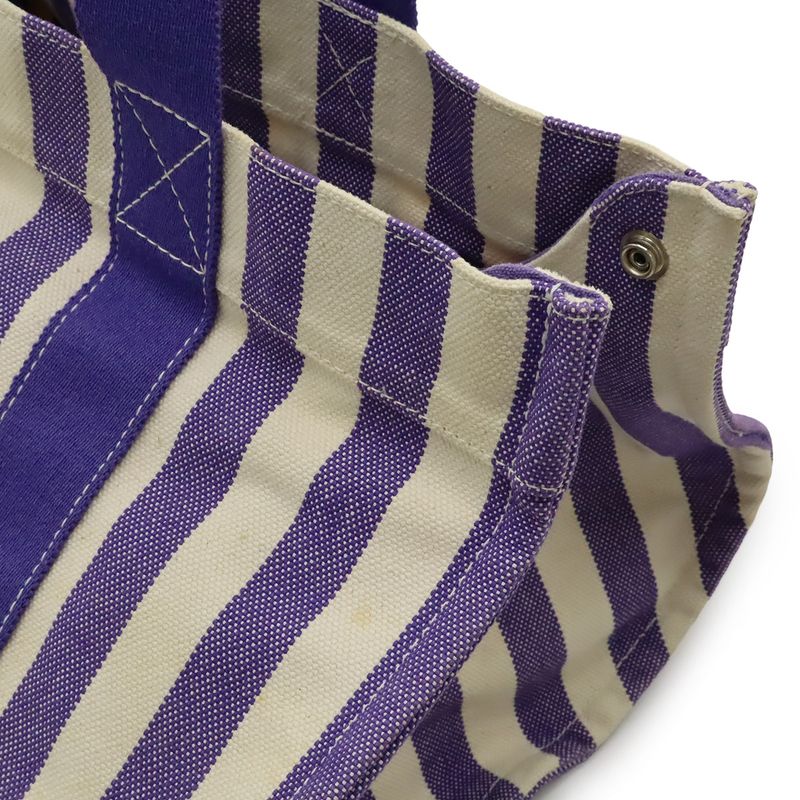 Hermes Cannes MM Tote Handbag Striped Canvas Purple Ivory With Pouch
