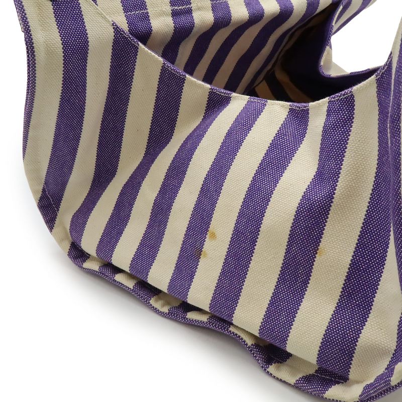 Hermes Cannes MM Tote Handbag Striped Canvas Purple Ivory With Pouch
