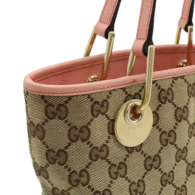 Gucci GG Canvas Tote Shoulder Bag Bucket Shape Leather Khaki Beige Pink Gold