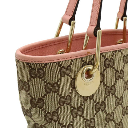 Gucci GG Canvas Tote Shoulder Bag Bucket Shape Leather Khaki Beige Pink Gold