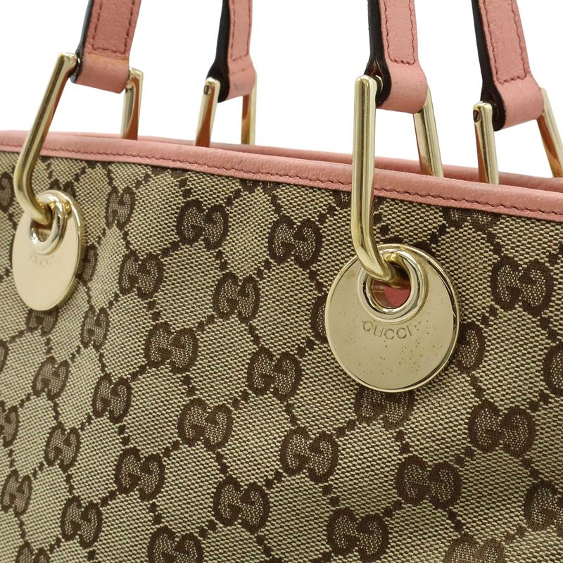 Gucci GG Canvas Tote Shoulder Bag Bucket Shape Leather Khaki Beige Pink Gold