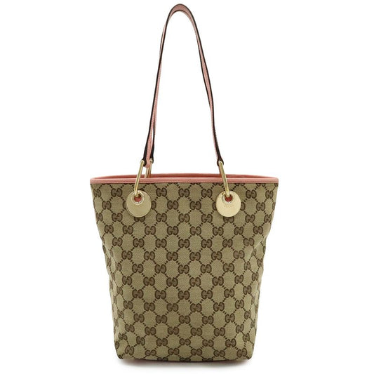 Gucci GG Canvas Tote Shoulder Bag Bucket Shape Leather Khaki Beige Pink Gold