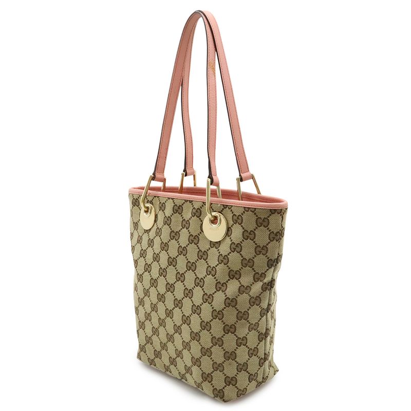 Gucci GG Canvas Tote Shoulder Bag Bucket Shape Leather Khaki Beige Pink Gold