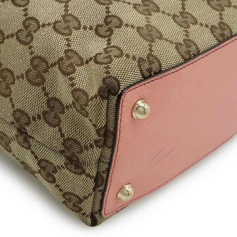 Gucci GG Canvas Tote Shoulder Bag Bucket Shape Leather Khaki Beige Pink Gold