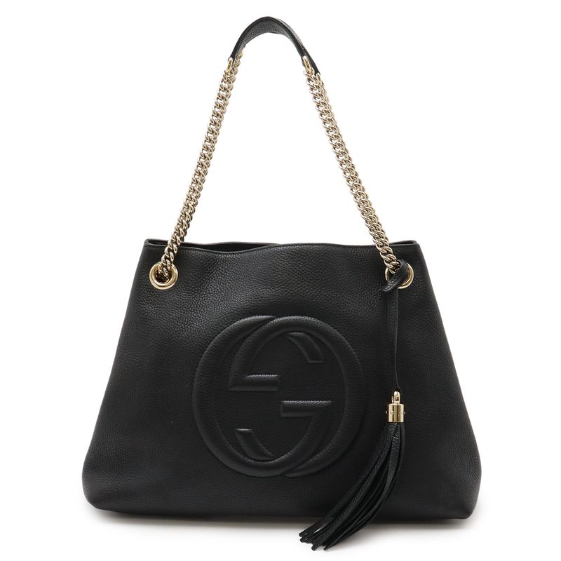 Gucci Soho Interlocking G Fringe Tote Bag Chain Shoulder Leather Black Gold