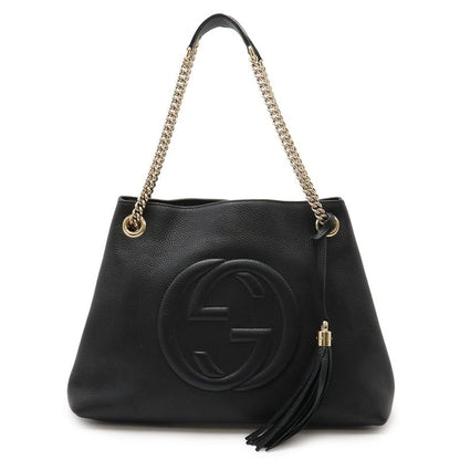 Gucci Soho Interlocking G Fringe Tote Bag Chain Shoulder Leather Black Gold