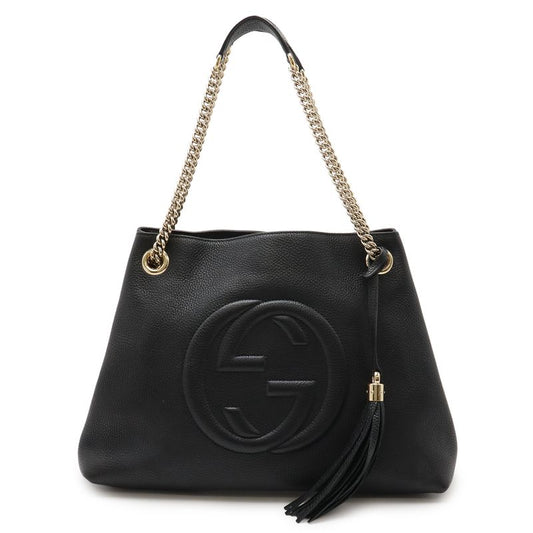 Gucci Soho Interlocking G Fringe Tote Bag Chain Shoulder Leather Black Gold