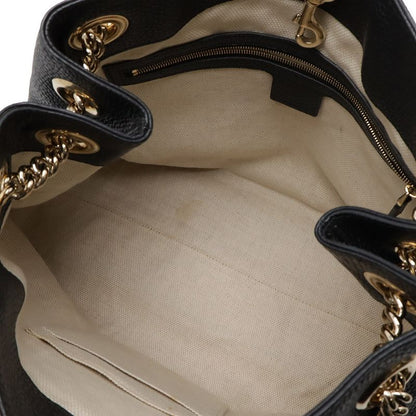 Gucci Soho Interlocking G Fringe Tote Bag Chain Shoulder Leather Black Gold