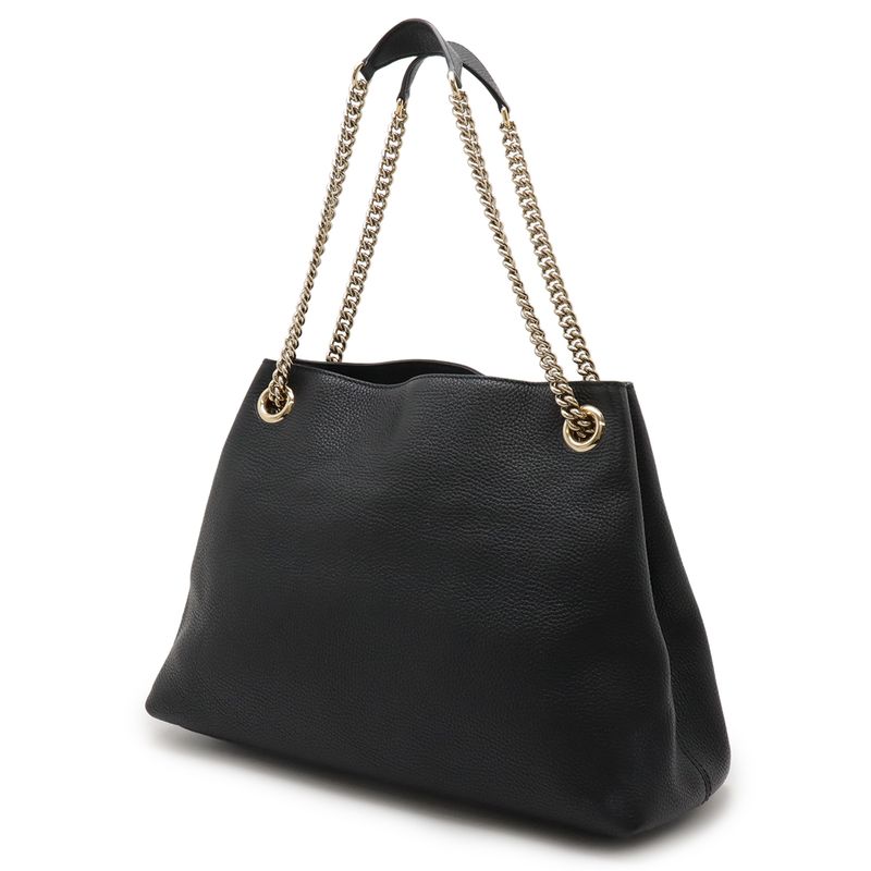 Gucci Soho Interlocking G Fringe Tote Bag Chain Shoulder Leather Black Gold