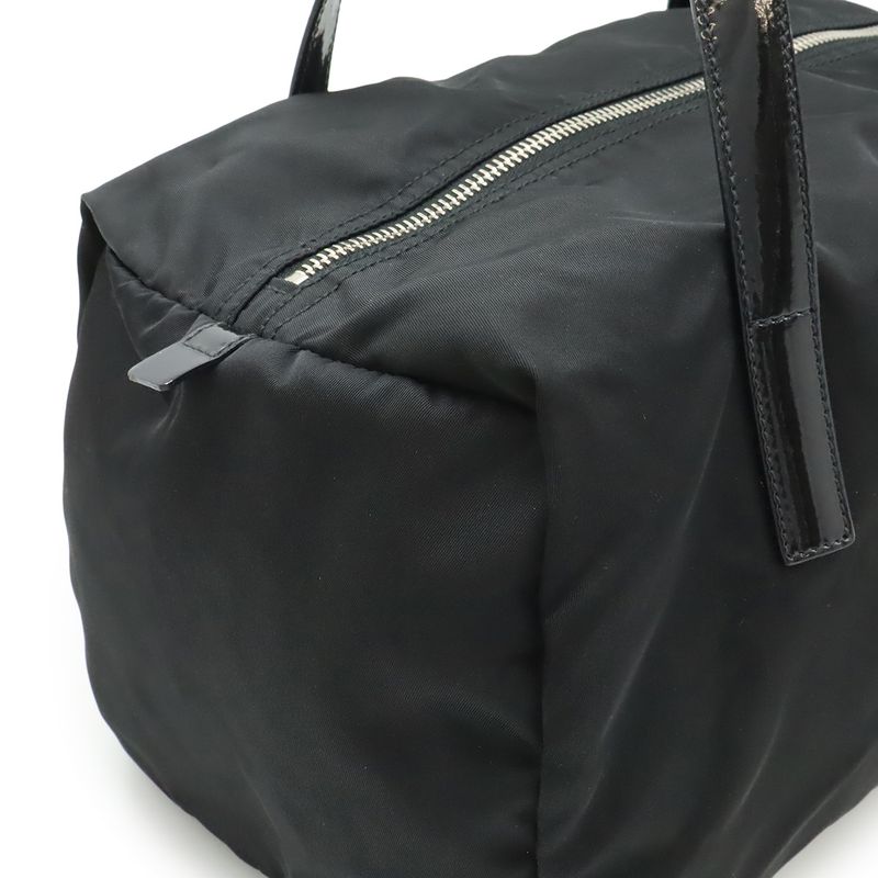 Prada Triangle Logo Handbag Mini Boston Bag Nylon Enamel Patent Leather NERO