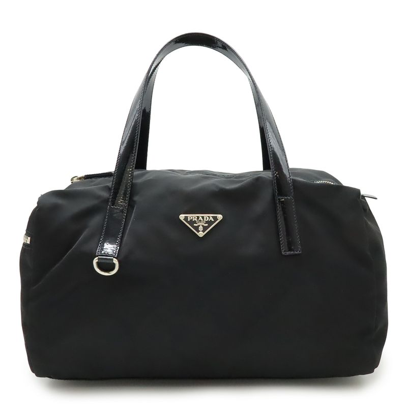 Prada Triangle Logo Handbag Mini Boston Bag Nylon Enamel Patent Leather NERO