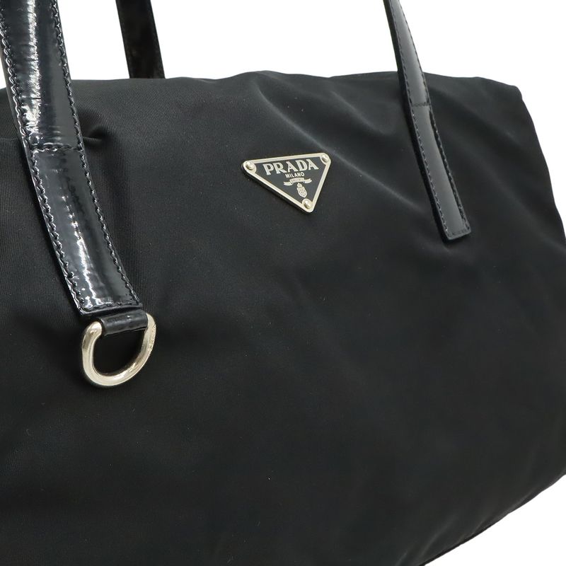 Prada Triangle Logo Handbag Mini Boston Bag Nylon Enamel Patent Leather NERO