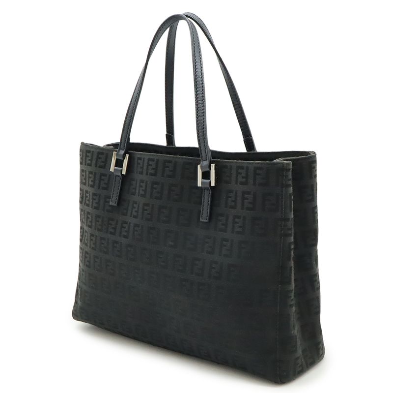 Fendi Zucchino Zucca Pattern Handbag Mini Tote Canvas Leather Black Silver