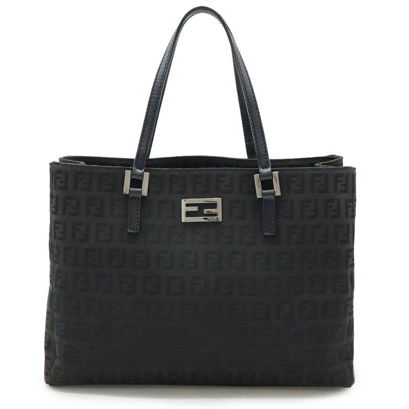 Fendi Zucchino Zucca Pattern Handbag Mini Tote Canvas Leather Black Silver