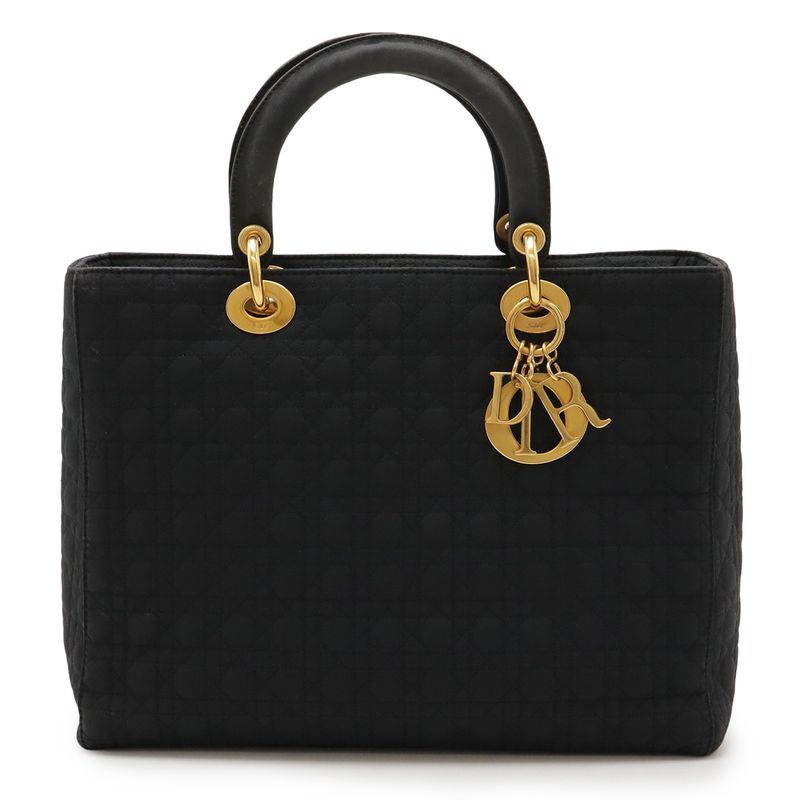 Christian DIOR Lady Dior Cannage Handbag Tote Bag Nylon Black Gold Hardware