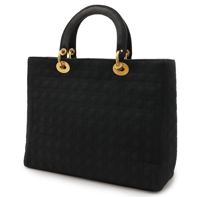 Christian DIOR Lady Dior Cannage Handbag Tote Bag Nylon Black Gold Hardware